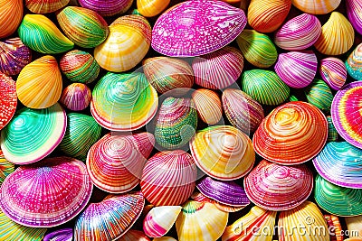 Colorful seashells pattern background, multicolored beautiful shells as wallpaper. Generative Ai Cartoon Illustration
