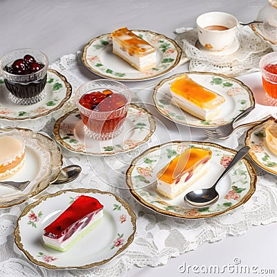Colorful selection of desserts laid out on different plates. AI-generated. Stock Photo