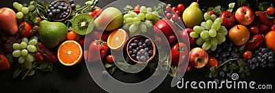 Colorful selection of fresh fruits and vegetables, flat lay style, top view on dark background Stock Photo