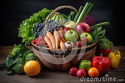 colorful selection of fruits and vegetables arranged in bowl or basket Stock Photo