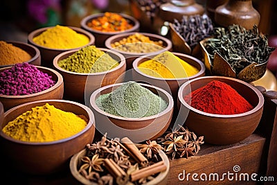 colorful selection of indian spices in wooden bowls Stock Photo
