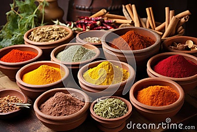 colorful selection of indian spices in wooden bowls Stock Photo