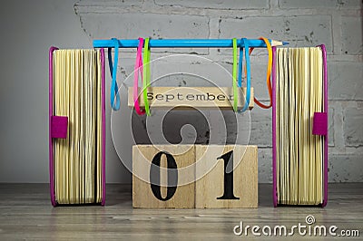 Colorful September still life with books and sign Stock Photo