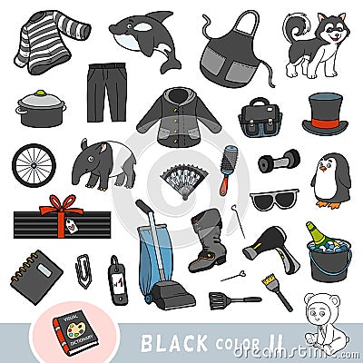 Colorful set of black color objects. Visual dictionary for children about the basic colors Vector Illustration