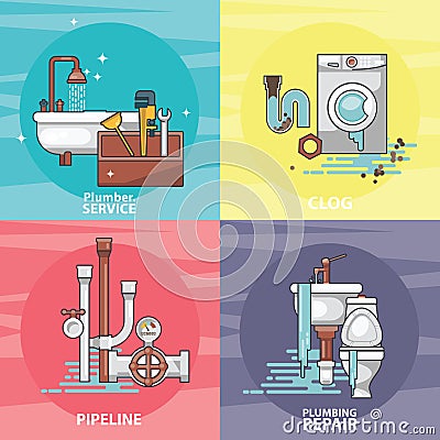 Colorful set of the broken home facilities, washbasin, toilet, cabin, washing machine, radiator, clog Vector Illustration