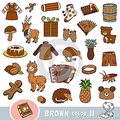 Colorful set of brown color objects. Visual dictionary for children about the basic colors Vector Illustration