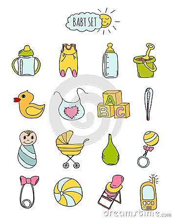 Colorful set of children's icons in hand drawn style. Accessories, clothing and toys for newborns 2. Vector Cartoon Illustration