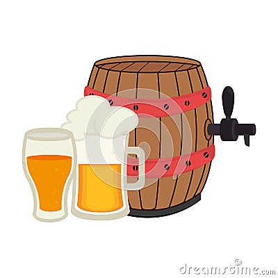 Colorful set collection foamy beer glass with barrel and glass cup Vector Illustration