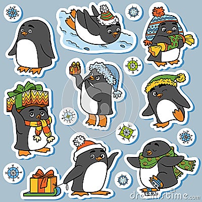 Colorful set of cute animals, family of penguins Vector Illustration