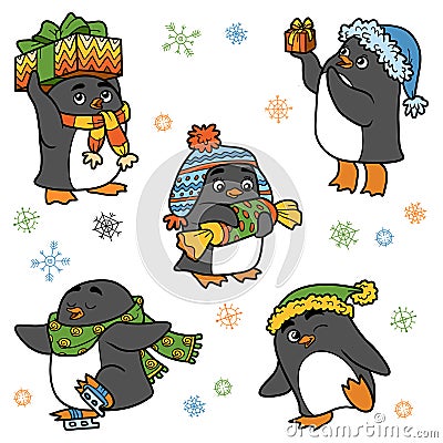 Colorful set of cute animals, family of penguins Vector Illustration