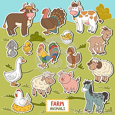 Colorful set of cute farm animals and objects, vector stickers Vector Illustration