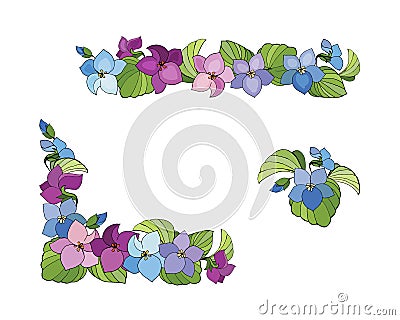Colorful set of decorative elements corner, border of flowers of violets. Vector Illustration