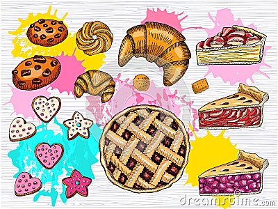 Colorful set of fresh pastries. Hearts stars cookies, cake, homemade chocolate cookies, circle pie, croissant. Vector Illustration