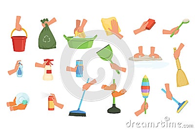 Colorful set of human hands using rag, dust brush, mop, broom, scoop and plunger. Equipment for cleaning house or car Vector Illustration