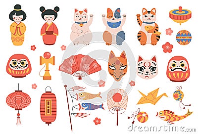 Colorful set of Japanese toys Vector Illustration