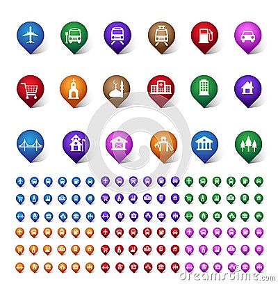 Colorful Set of Location, Places, Travel and Destination Pin Icons Vector Illustration