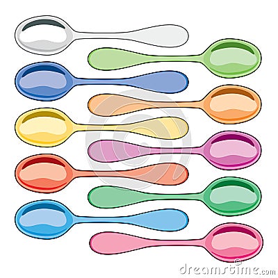 Colorful set of metal and plastic dining spoons. vector Vector Illustration