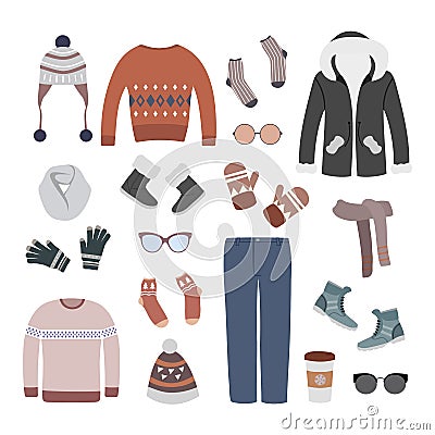 Colorful set of modern and stylish winter women clothing. Cartoon Illustration