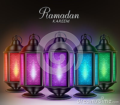 Colorful Set of Ramadan Lanterns or Fanous with Lights and Ramadan Kareem Greetings Vector Illustration