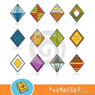 Colorful set of rhombus shape objects. Visual dictionary Vector Illustration