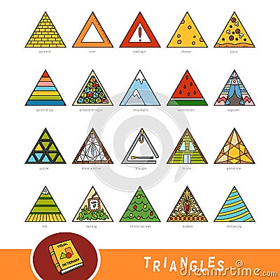 Colorful set of triangle shape objects. Visual dictionary Vector Illustration