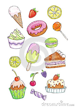 Colorful set of various desserts, cakes and sweets Vector Illustration
