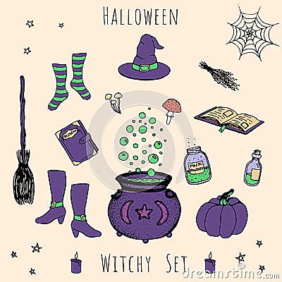 Colorful set of vector halloween elements. Includes potions, vials, herbs, books, mushrooms, cauldron Vector Illustration