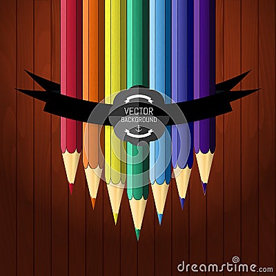 Colorful seven pencils on the wooden background Vector Illustration