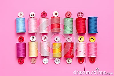 Colorful sewing threads and buttons on pink background. Flat lay, top view, Colorful thread spools and buttons on pink background Stock Photo