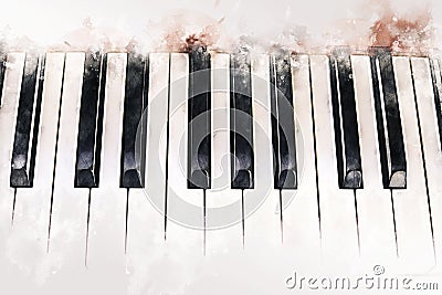 Colorful shape piano keyboard foreground on watercolor illustration painting background. Cartoon Illustration