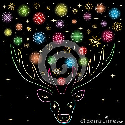 Colorful Shinning Snowflakes Between Deers Horns. Hand Drawn Rainbow Colored Silhouette of Reindeer. Perfect for Festive Design Vector Illustration