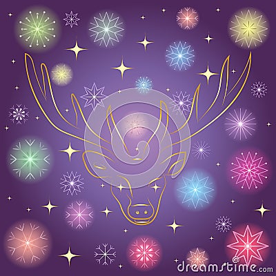 Colorful Shinning Snowflakes and Golden Stars. Hand Drawn Golden Silhouette of Reindeer on Night Sky. Perfect for Festive Design. Vector Illustration