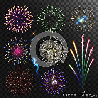 Colorful shiny realistic fireworks set Vector Illustration