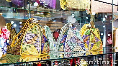 Colorful shiny women handbags in a store Stock Photo
