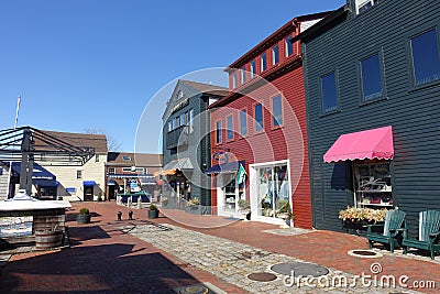 Colorful shops line Bowen`s Wharf in Newport, RI Editorial Stock Photo