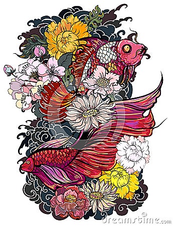 Colorful Siamese fighting,coloring book japanese style.Japanese old dragon for tattoo. Traditional Asian tattoo Vector Illustration