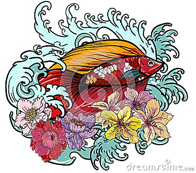 Colorful Siamese fighting,koi fish coloring book japanese style.Japanese old dragon for tattoo. Traditional Asian tattoo Vector Illustration