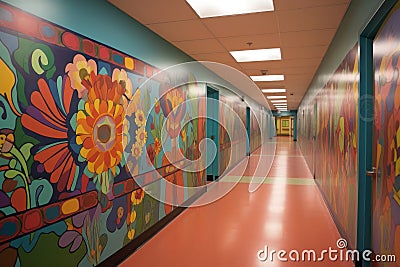 colorful signs and directions on hospital corridor walls Stock Photo