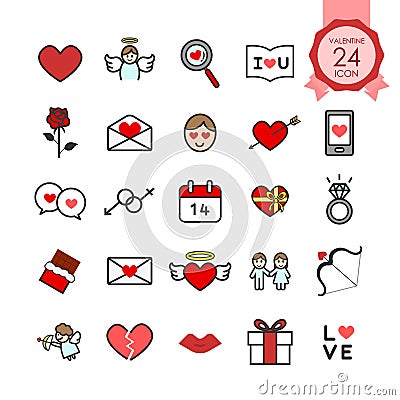 Colorful signs and symbols flat icons set of heart and romantic elements for valentines day. Vector Illustration