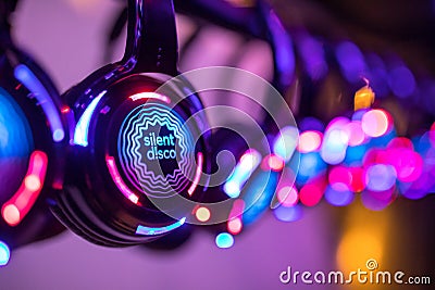 Colorful Silent Disco Headphones at an event Stock Photo