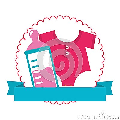 Colorful silhouette with baby bottle and baby clothes in circle with ribbon Vector Illustration