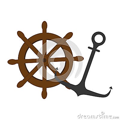 Colorful silhouette boat helm and anchor Vector Illustration