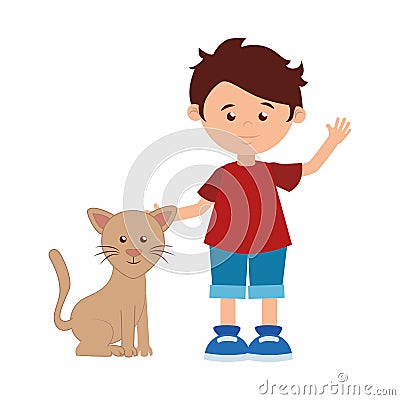 Colorful silhouette with boy and cat Vector Illustration