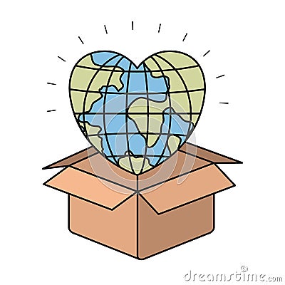 Colorful silhouette closeup globe earth world in heart shape coming out of cardboard box Vector Illustration