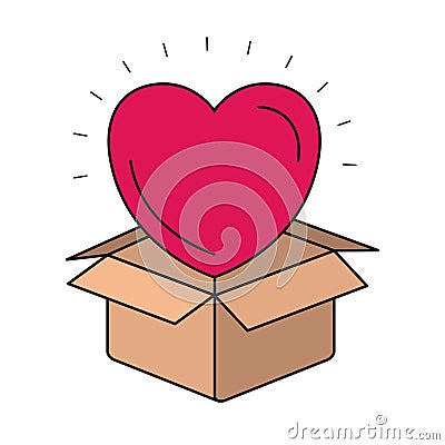 Colorful silhouette closeup heart coming out of cardboard box Vector Illustration