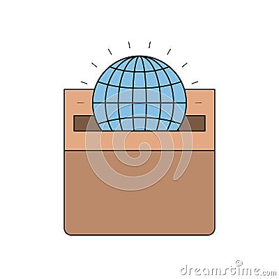 Colorful silhouette front view flat globe earth world chart depositing in a carton box Vector Illustration