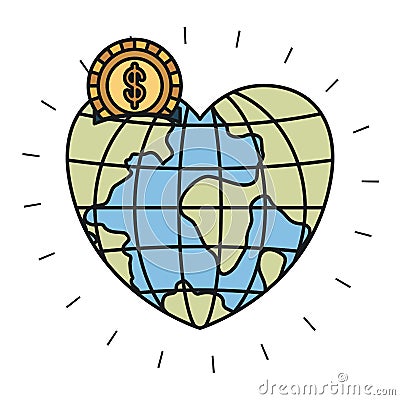 Colorful silhouette money box in globe earth world in heart shape with coin with dollar symbol Vector Illustration