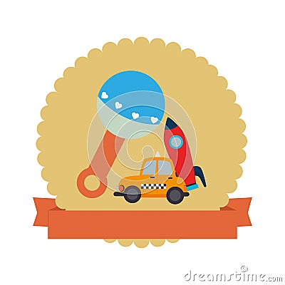 Colorful silhouette with rattle and rocket and car toy in circle with ribbon Vector Illustration