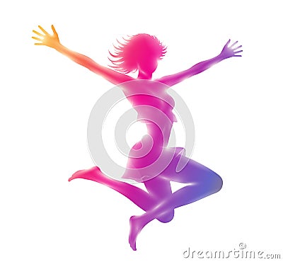 Colorful silhouette of slim girl jumping hands up. Vector Illustration