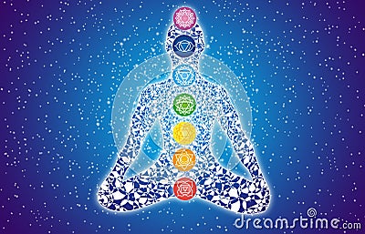 Colorful silhouette of a yogi in a lotus pose against a starry sky Stock Photo